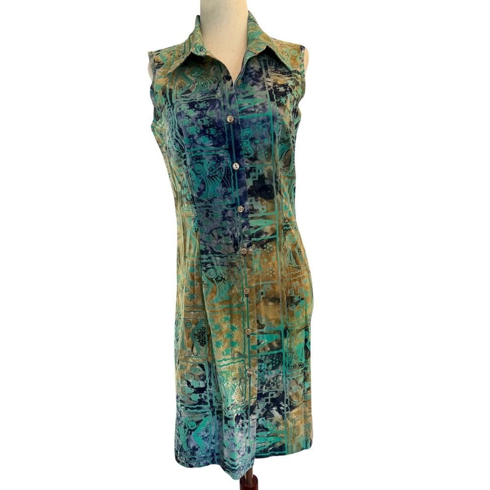 VTG Young Hawaii Shirt Dress Sleeveless Watercolor Native Design Fish Print S